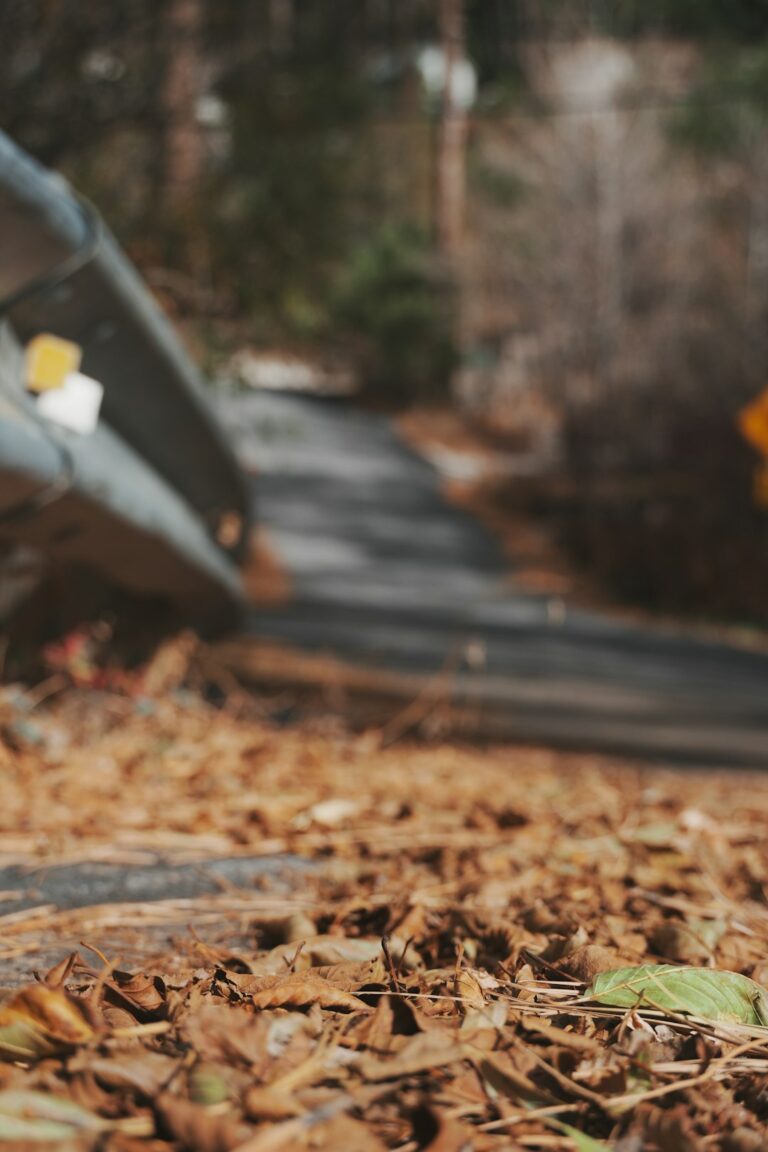 A person standing on a shingle roof carefully sweeping away leaves with a long-handled broom.