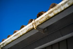 Person clearing leaves from a residential gutter beside a roof edge with a downspout below